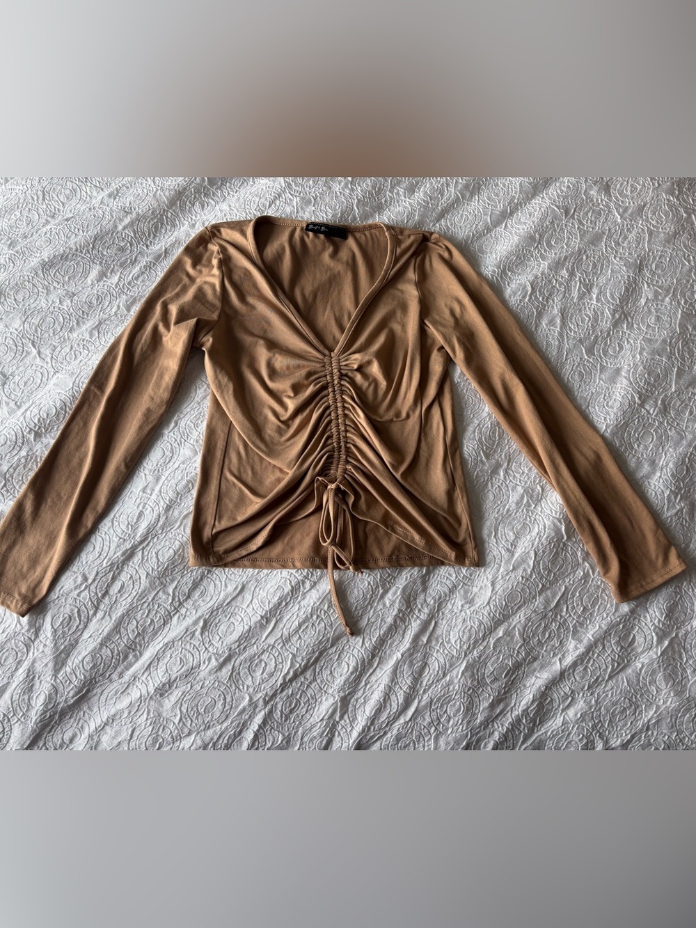 Ruched V-Neck Long Sleeve Top - Camel